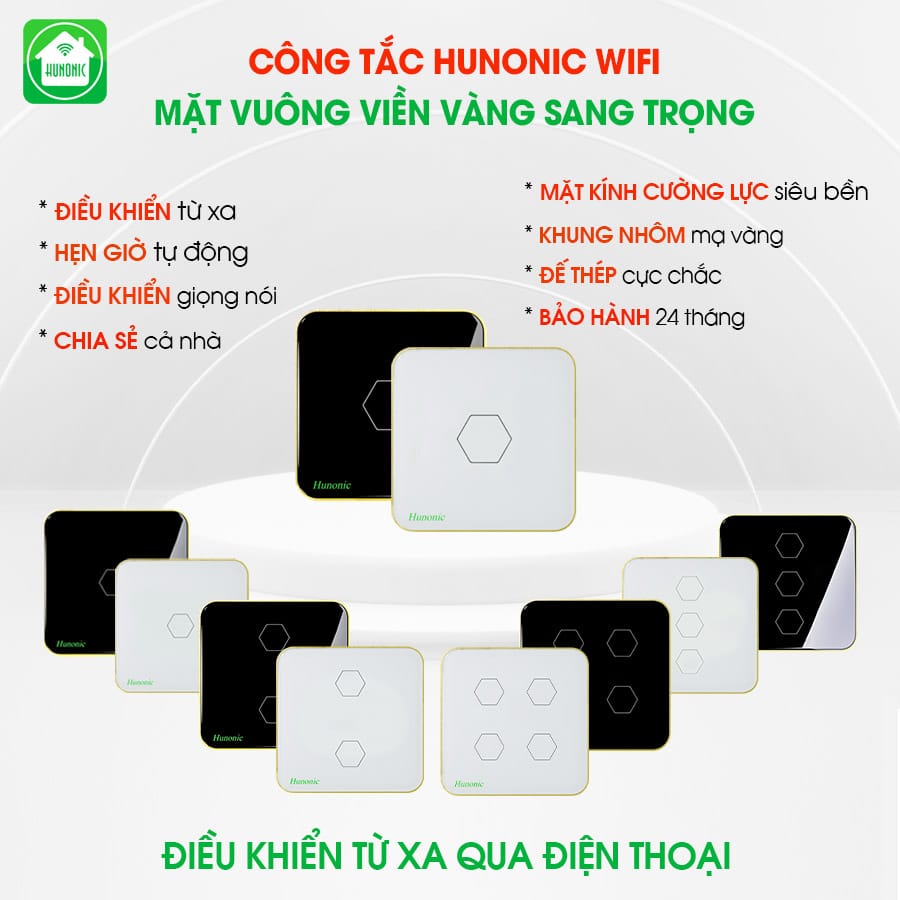 Công tắc hunonic wifi mặt vuông viền vàng